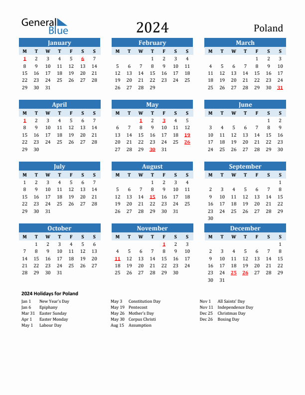 Printable Calendar 2024 with Poland Holidays (Monday Start)