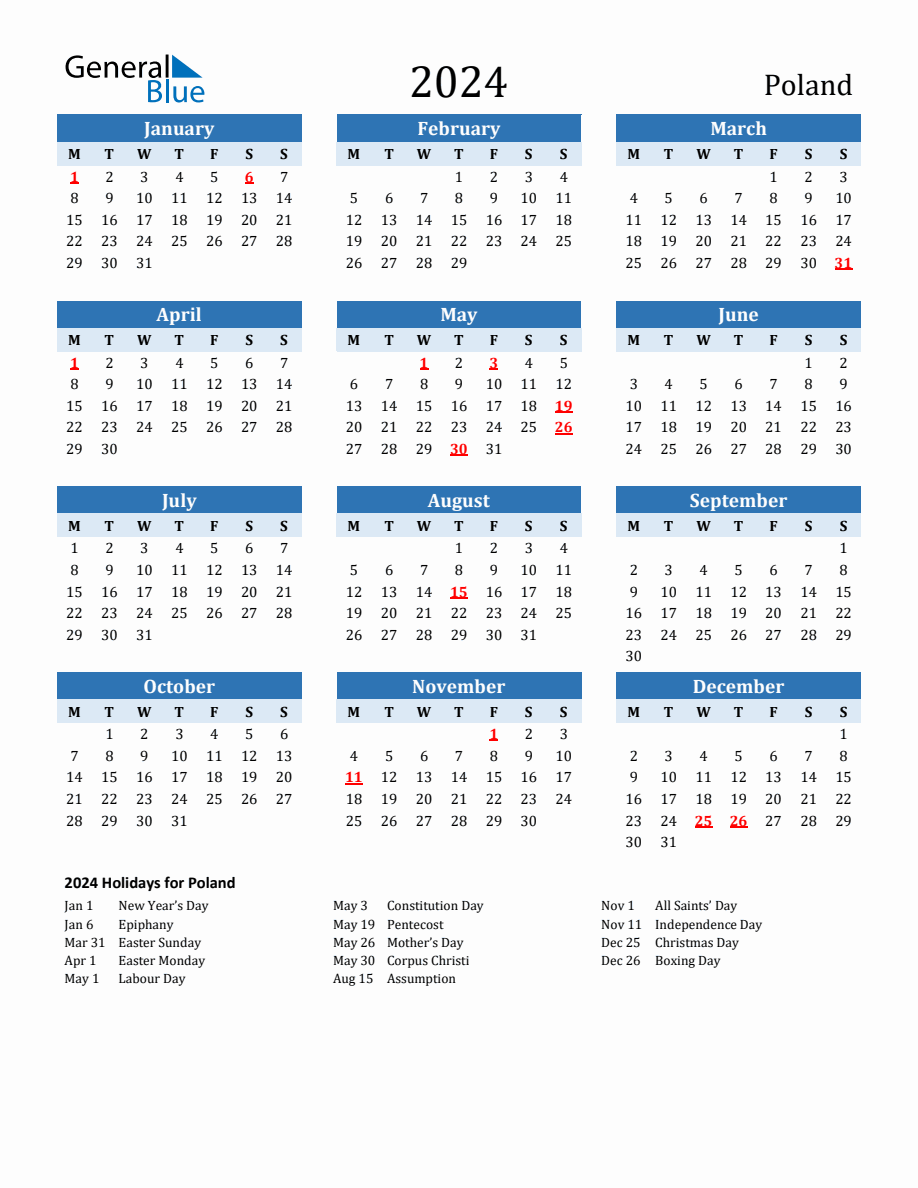 2024 Printable Calendar with Poland Holidays