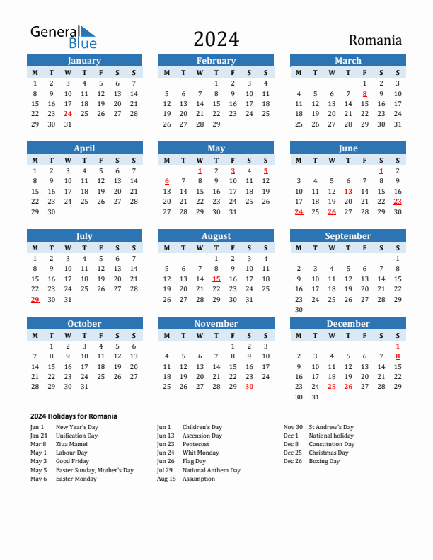 Printable Calendar 2024 with Romania Holidays (Monday Start)