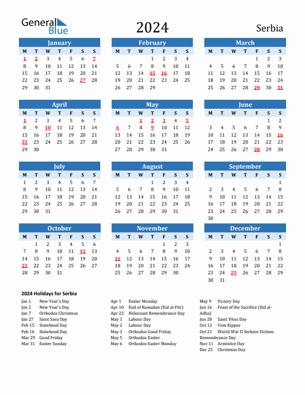 Printable Calendar 2024 with Serbia Holidays (Monday Start)