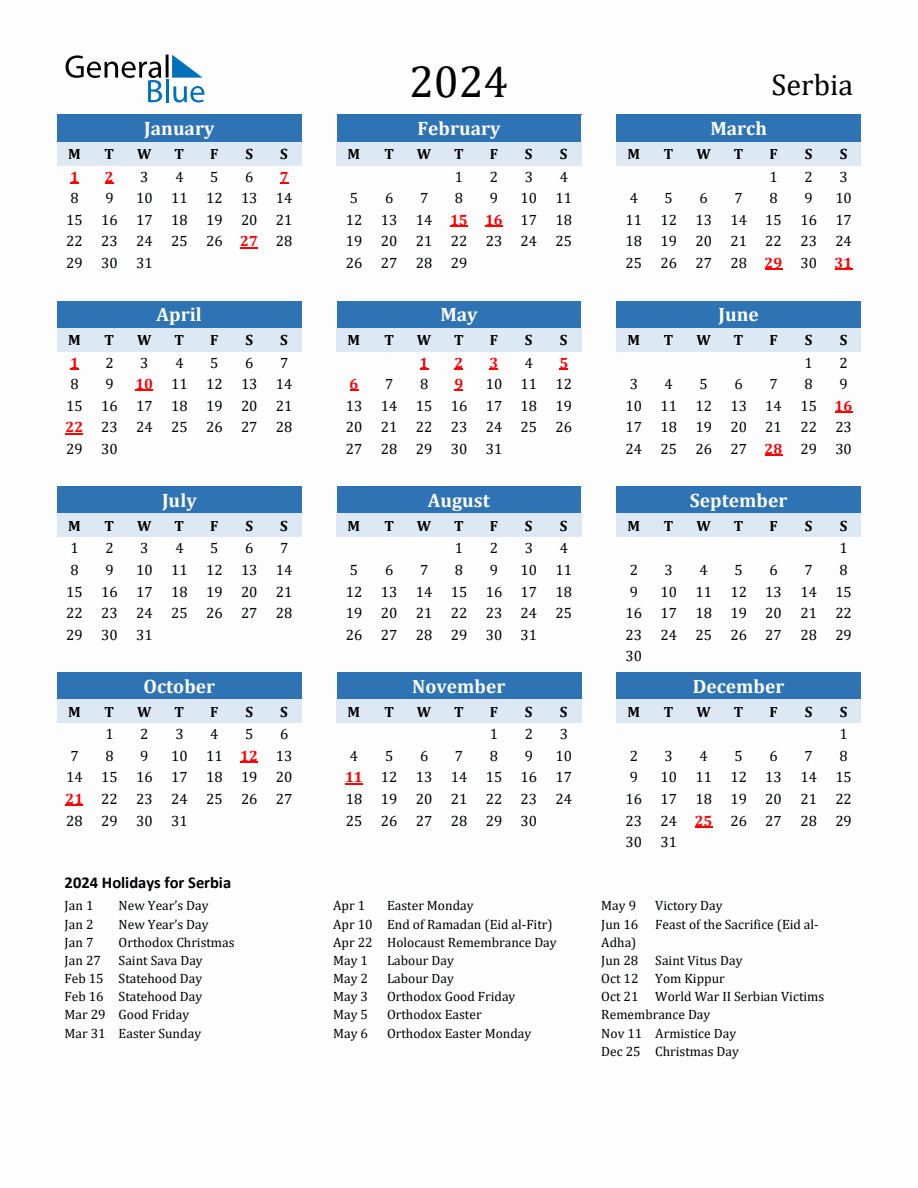 2024 Printable Calendar with Serbia Holidays