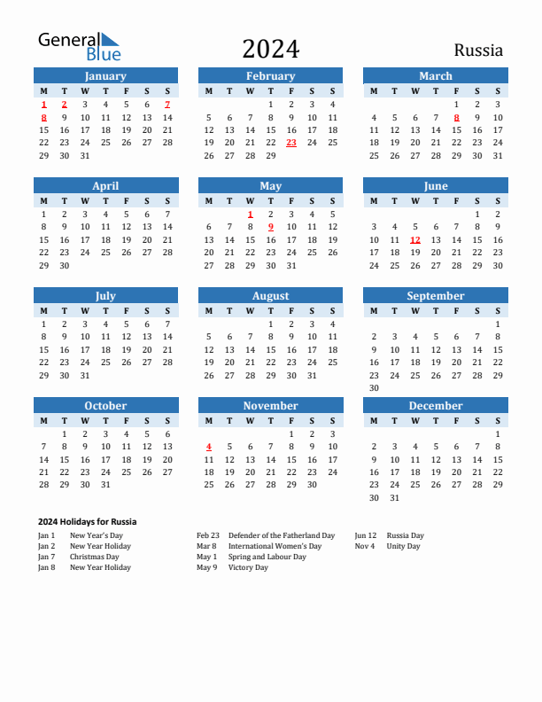 Printable Calendar 2024 with Russia Holidays (Monday Start)