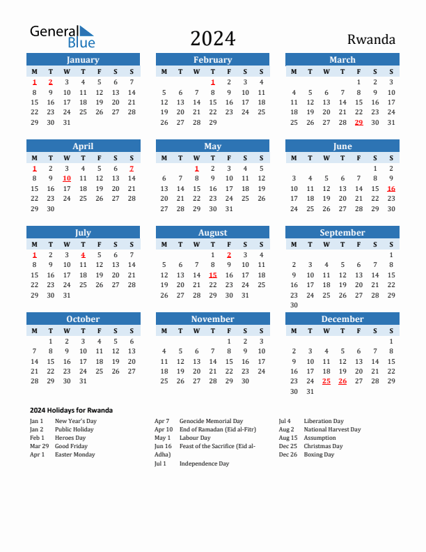 Printable Calendar 2024 with Rwanda Holidays (Monday Start)