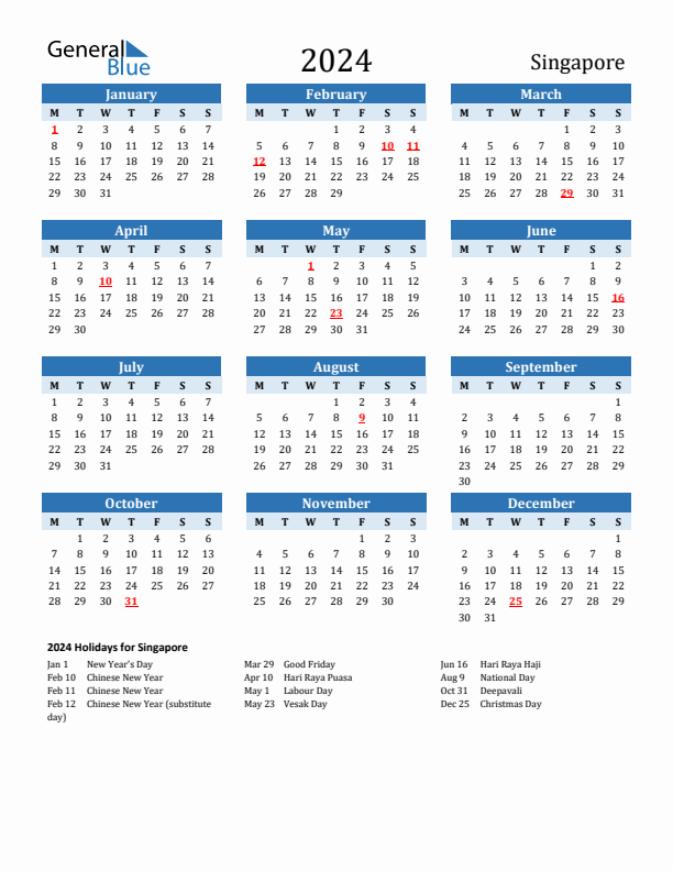 Printable Calendar 2024 with Singapore Holidays (Monday Start)