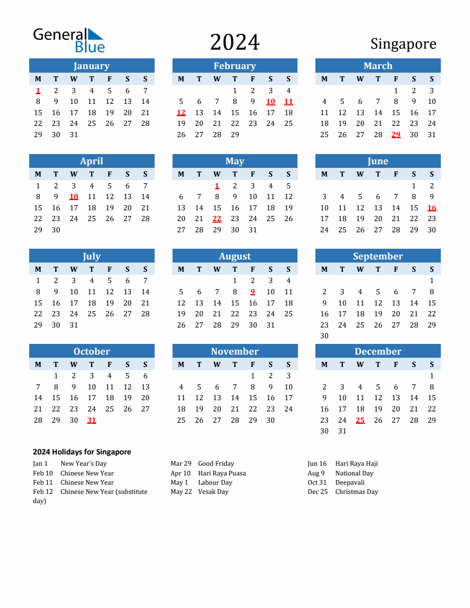 2024 Printable Calendar with Singapore Holidays