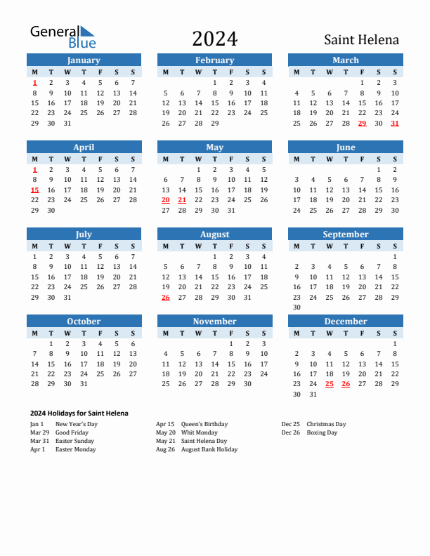 Printable Calendar 2024 with Saint Helena Holidays (Monday Start)