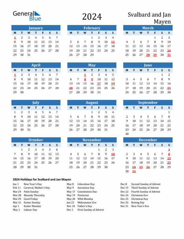 Printable Calendar 2024 with Svalbard and Jan Mayen Holidays (Monday Start)