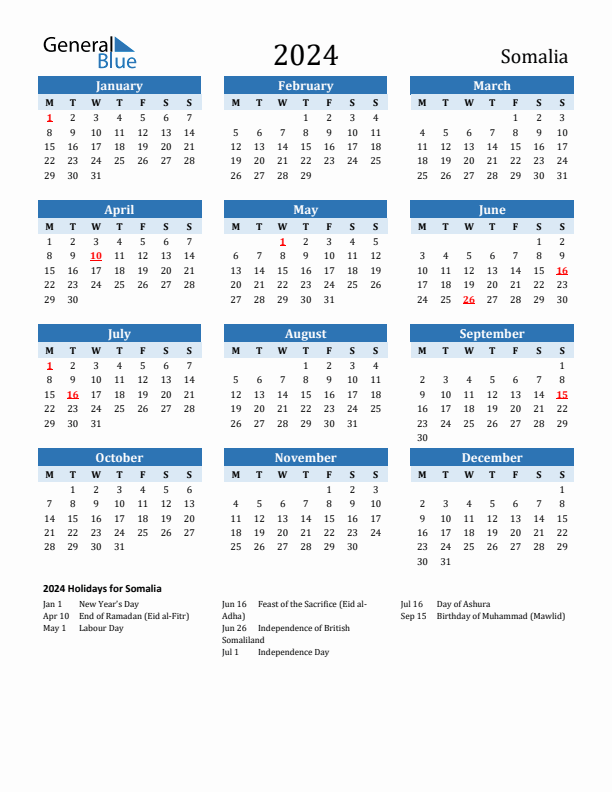 Printable Calendar 2024 with Somalia Holidays (Monday Start)