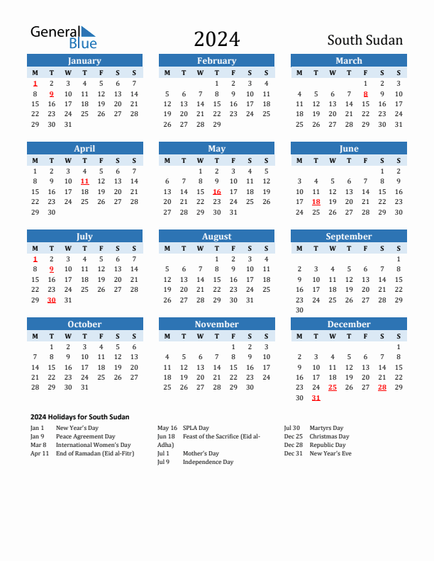 Printable Calendar 2024 with South Sudan Holidays (Monday Start)