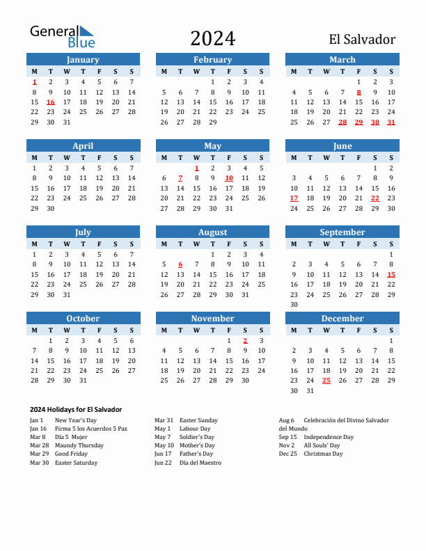 Printable Calendar 2024 with El Salvador Holidays (Monday Start)