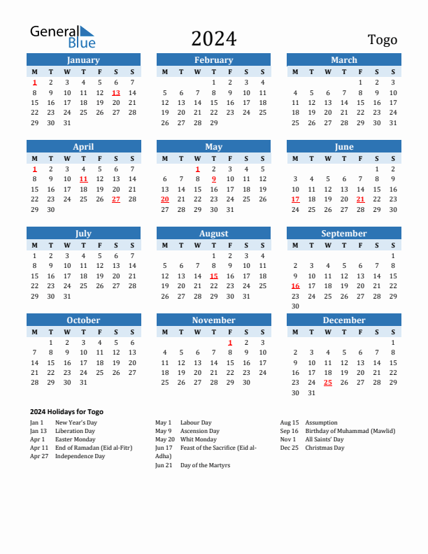 Printable Calendar 2024 with Togo Holidays (Monday Start)