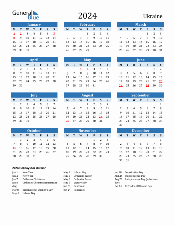 Printable Calendar 2024 with Ukraine Holidays (Monday Start)