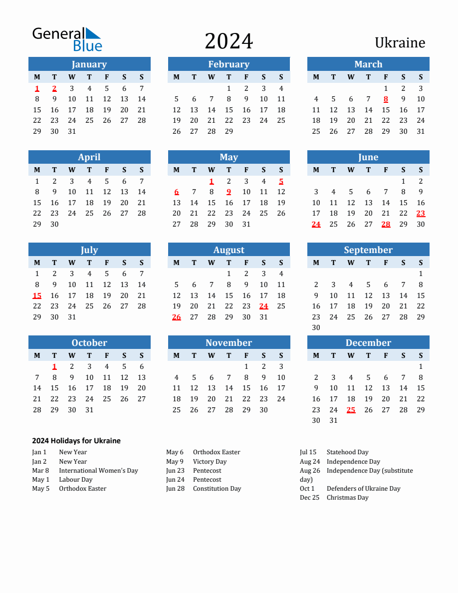 2024 Printable Calendar with Ukraine Holidays