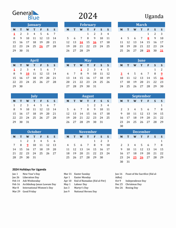 Printable Calendar 2024 with Uganda Holidays (Monday Start)