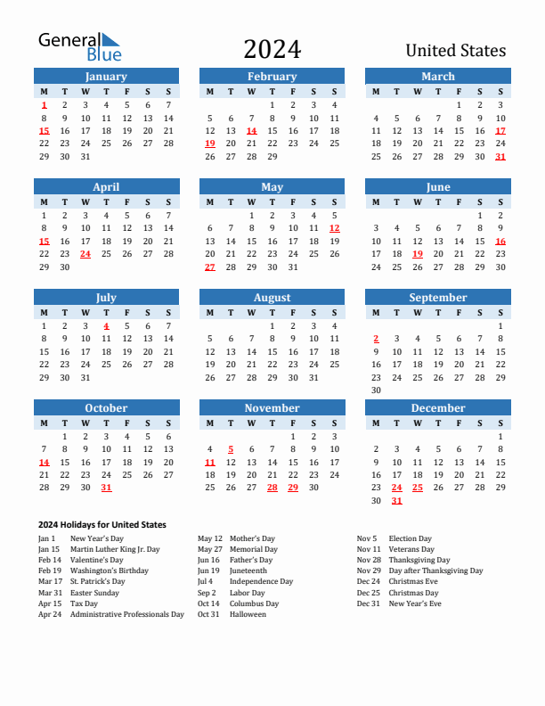 Printable Calendar 2024 with United States Holidays (Monday Start)