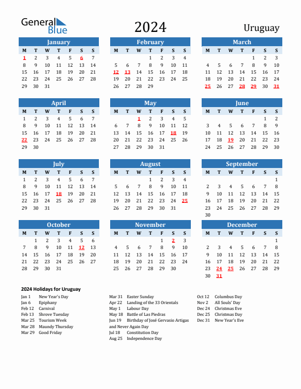 Printable Calendar 2024 with Uruguay Holidays (Monday Start)