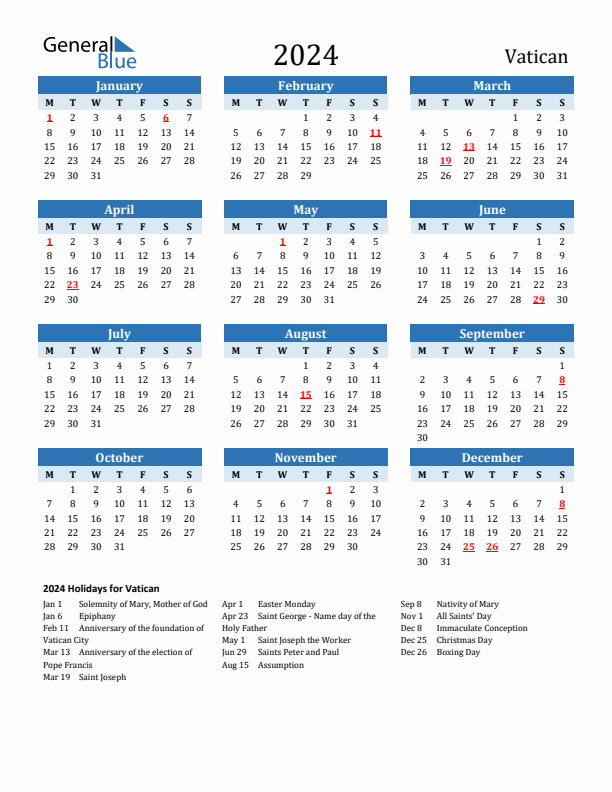 Printable Calendar 2024 with Vatican Holidays (Monday Start)