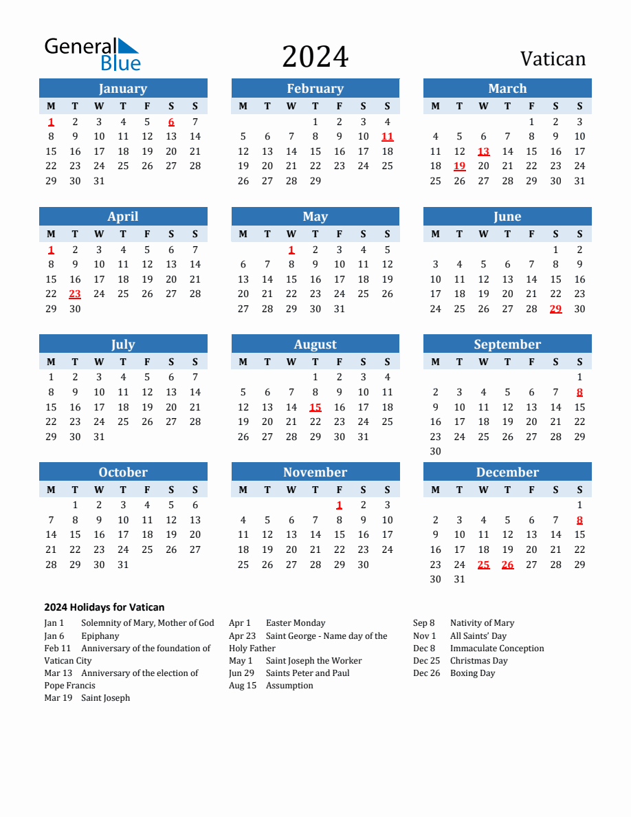 2024 Printable Calendar with Vatican Holidays