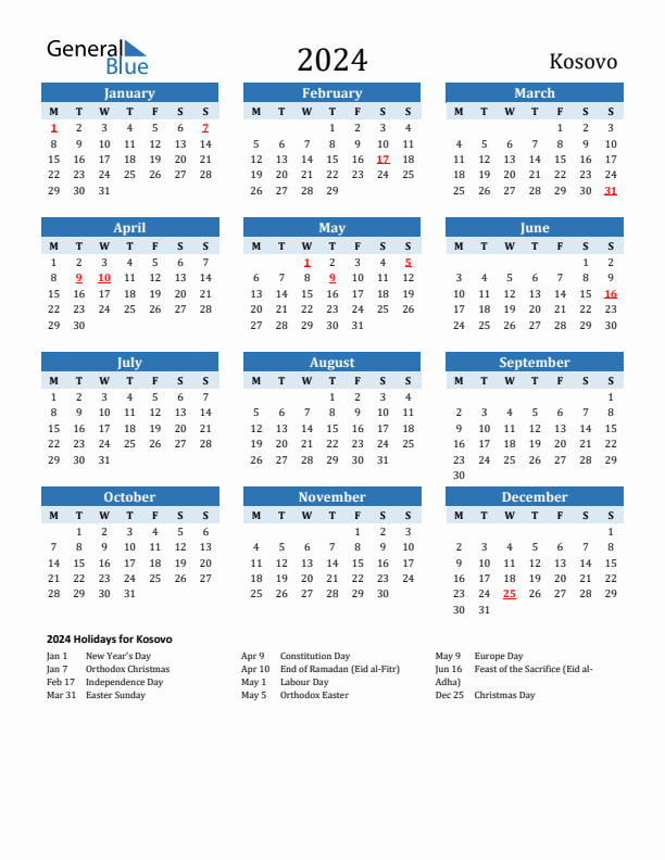 Printable Calendar 2024 with Kosovo Holidays (Monday Start)