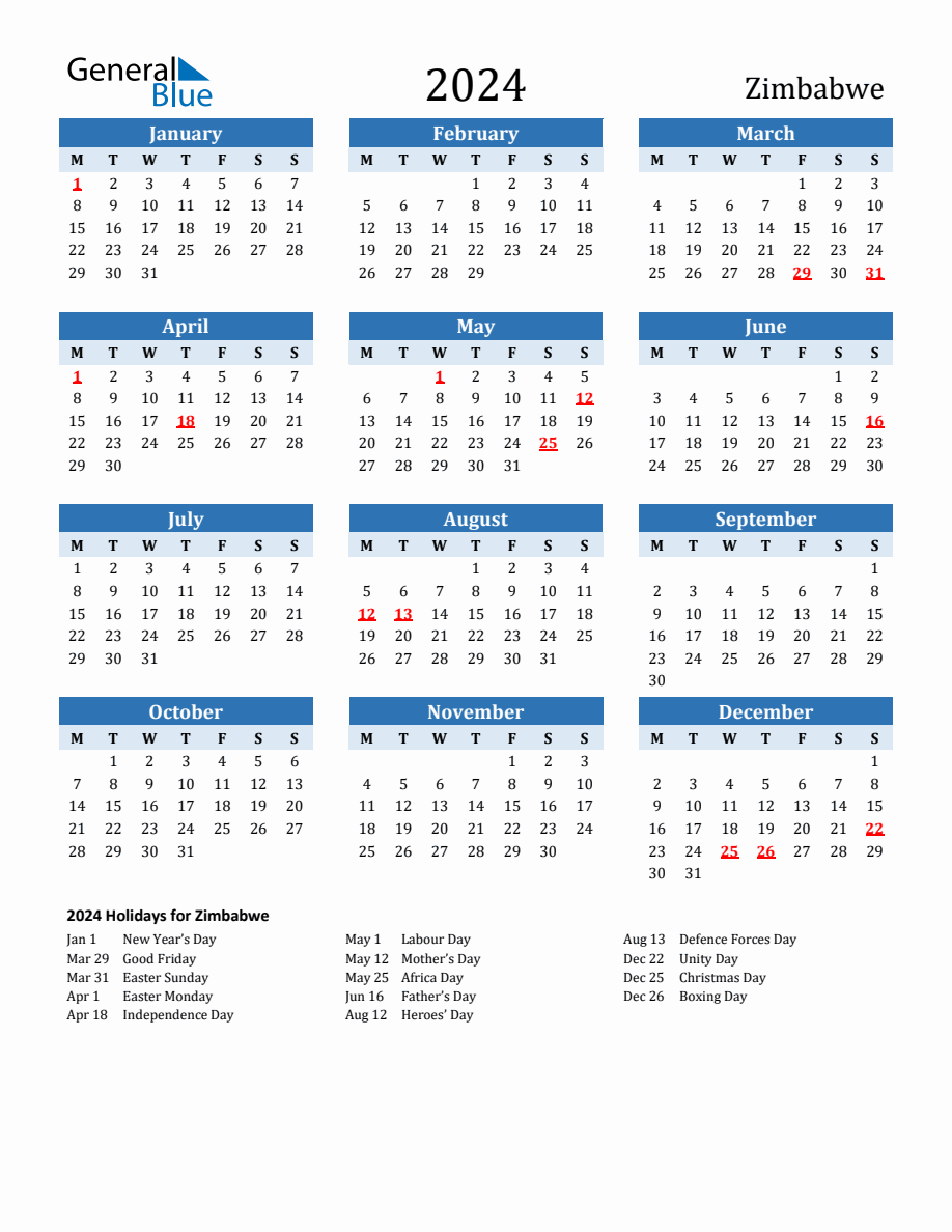 2024 Printable Calendar with Zimbabwe Holidays