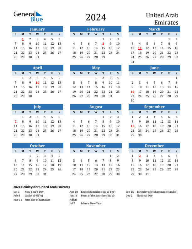 Printable Calendar 2024 with United Arab Emirates Holidays (Sunday Start)