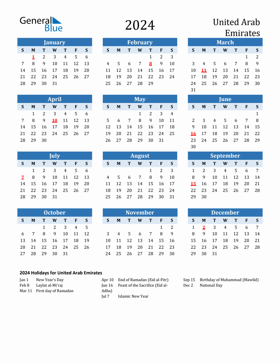 2024 Printable Calendar with United Arab Emirates Holidays