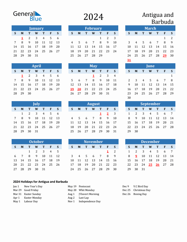 Printable Calendar 2024 with Antigua and Barbuda Holidays (Sunday Start)