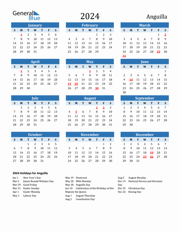 Printable Calendar 2024 with Anguilla Holidays (Sunday Start)
