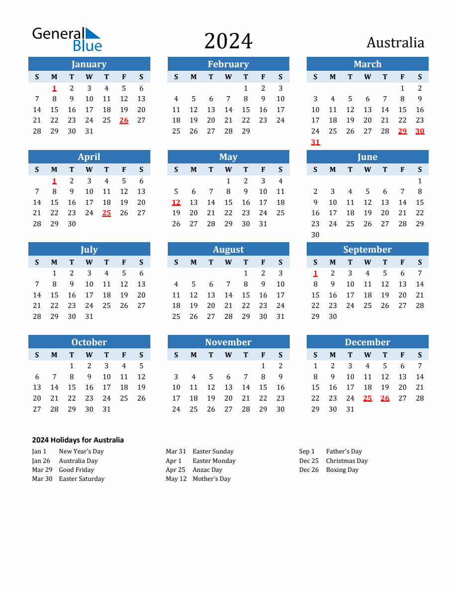 2024 Printable Calendar with Australia Holidays