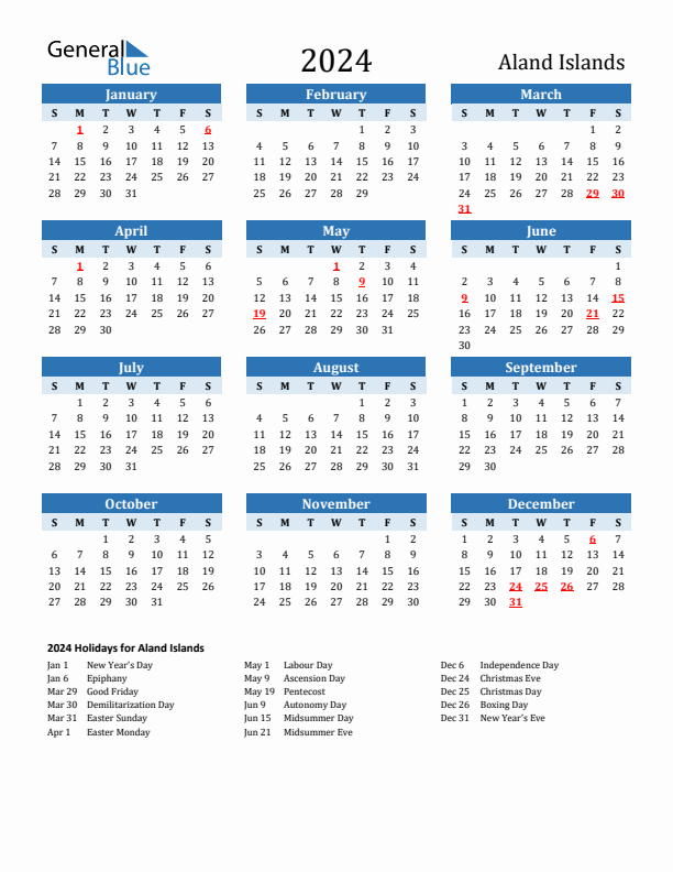 Printable Calendar 2024 with Aland Islands Holidays (Sunday Start)