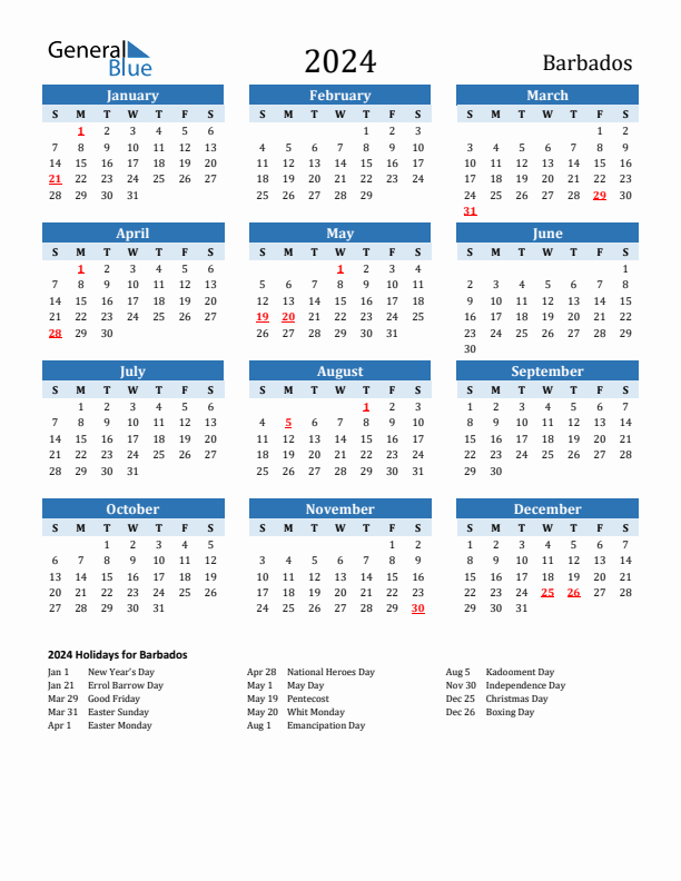 Printable Calendar 2024 with Barbados Holidays (Sunday Start)