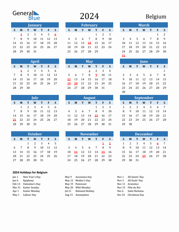 Printable Calendar 2024 with Belgium Holidays (Sunday Start)