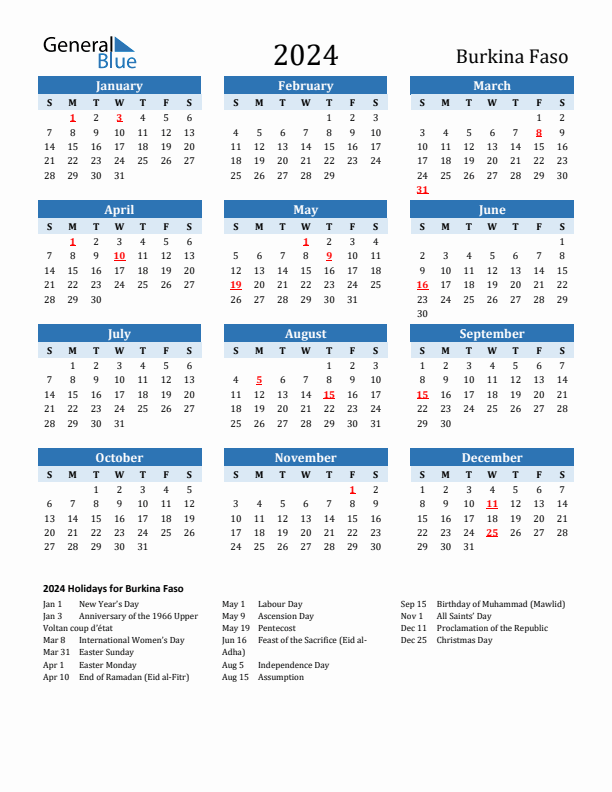 Printable Calendar 2024 with Burkina Faso Holidays (Sunday Start)
