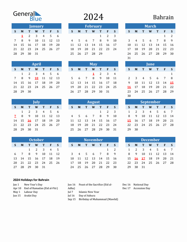 Printable Calendar 2024 with Bahrain Holidays (Sunday Start)