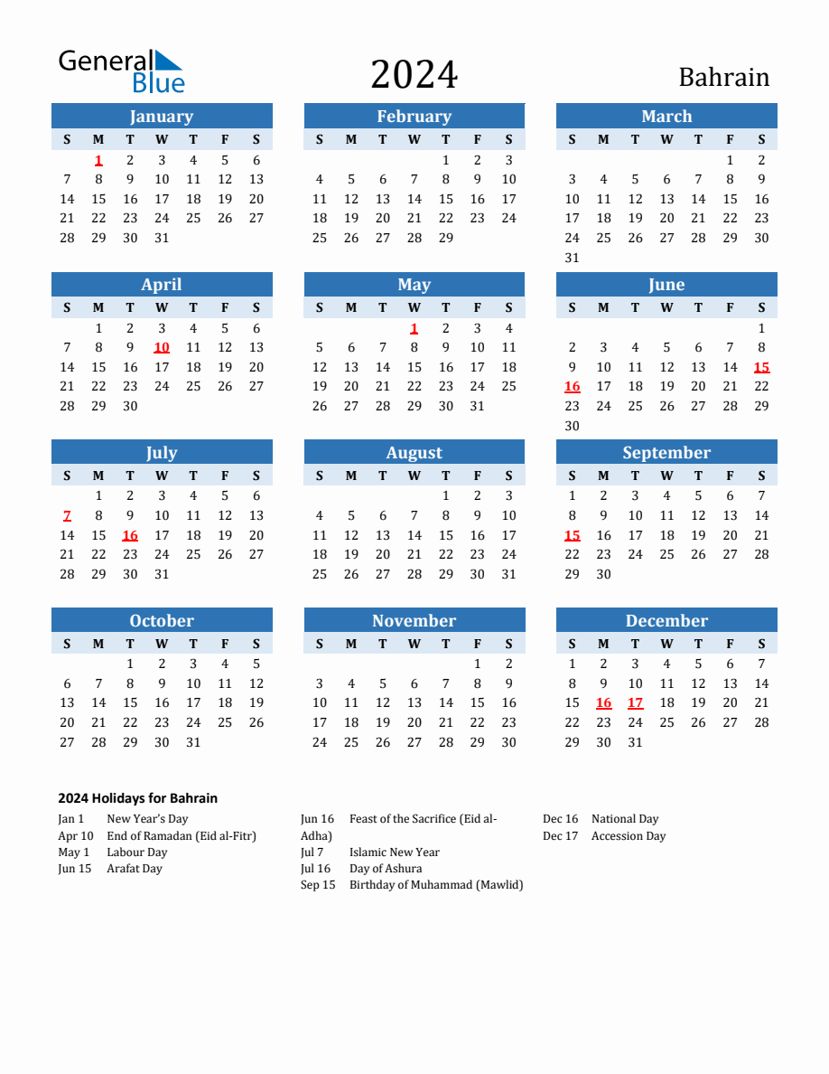 2024 Printable Calendar with Bahrain Holidays