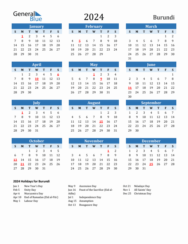 Printable Calendar 2024 with Burundi Holidays (Sunday Start)