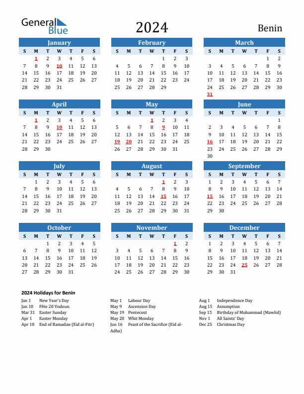 Printable Calendar 2024 with Benin Holidays (Sunday Start)