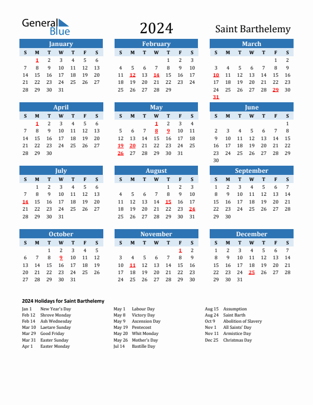 Printable Calendar 2024 with Saint Barthelemy Holidays (Sunday Start)