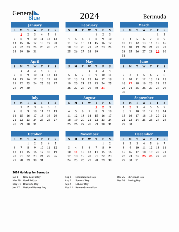 Printable Calendar 2024 with Bermuda Holidays (Sunday Start)