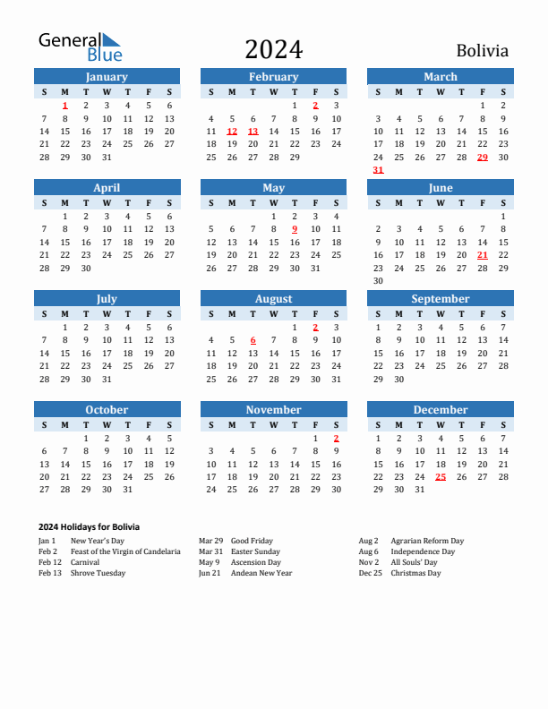 Printable Calendar 2024 with Bolivia Holidays (Sunday Start)