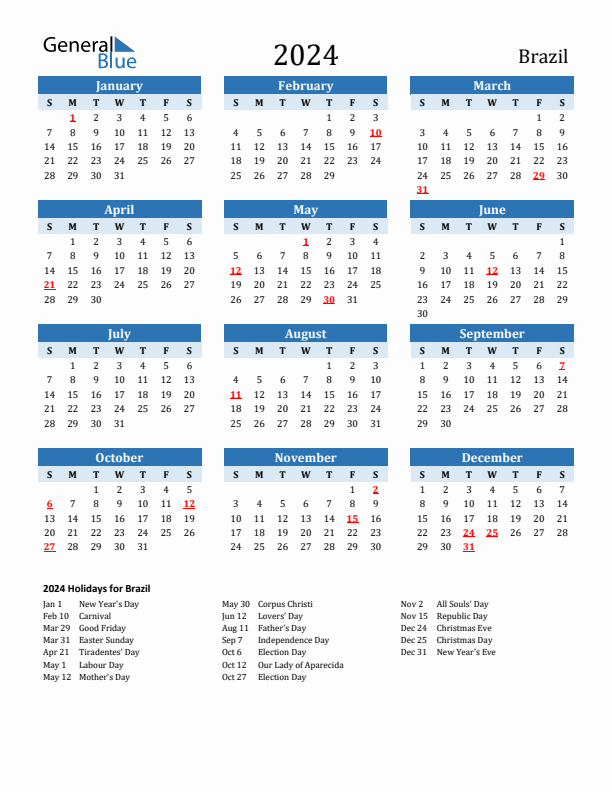 Printable Calendar 2024 with Brazil Holidays (Sunday Start)
