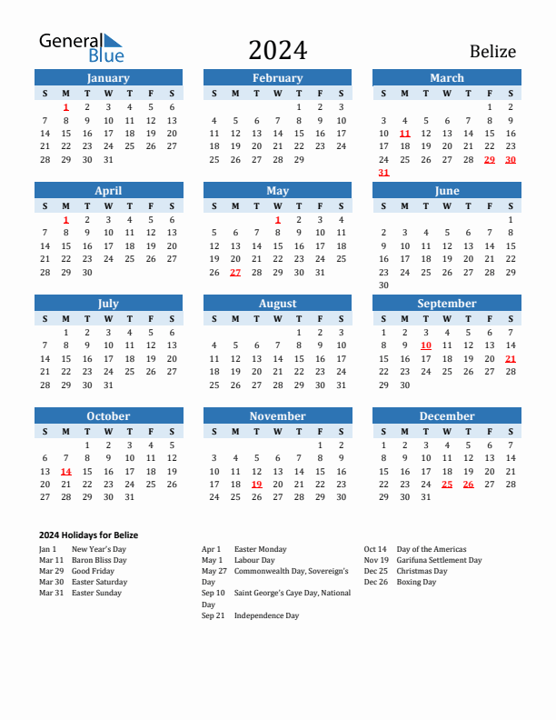 Printable Calendar 2024 with Belize Holidays (Sunday Start)