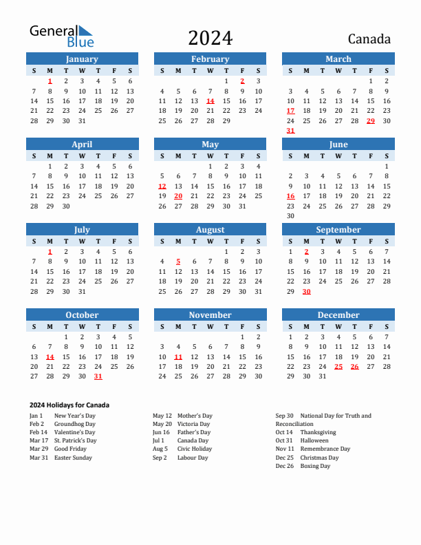 Printable Calendar 2024 with Canada Holidays (Sunday Start)