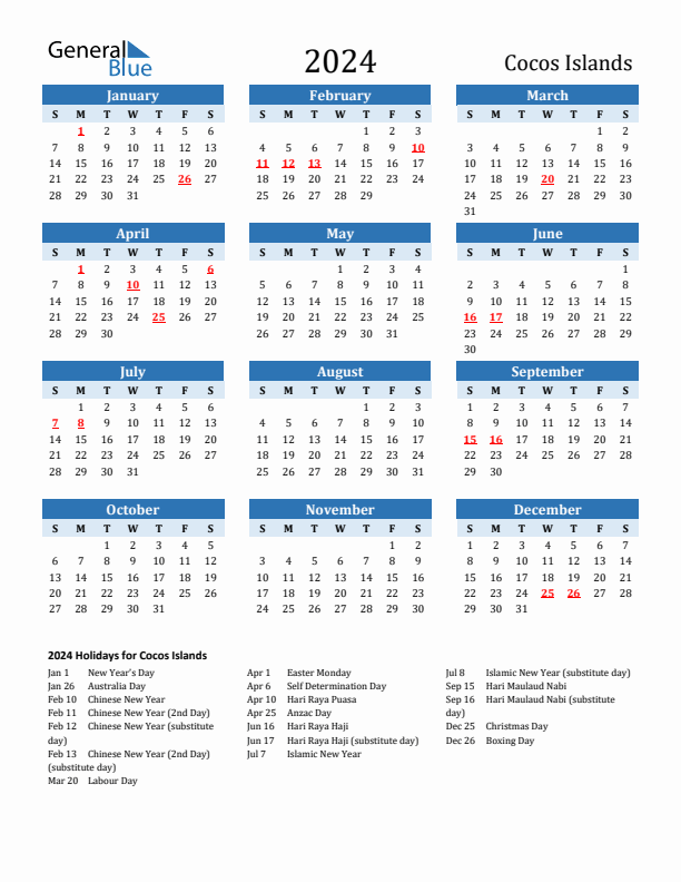 Printable Calendar 2024 with Cocos Islands Holidays (Sunday Start)