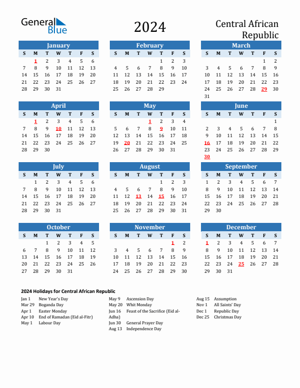 Printable Calendar 2024 with Central African Republic Holidays (Sunday Start)