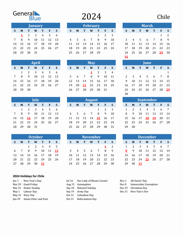 Printable Calendar 2024 with Chile Holidays (Sunday Start)