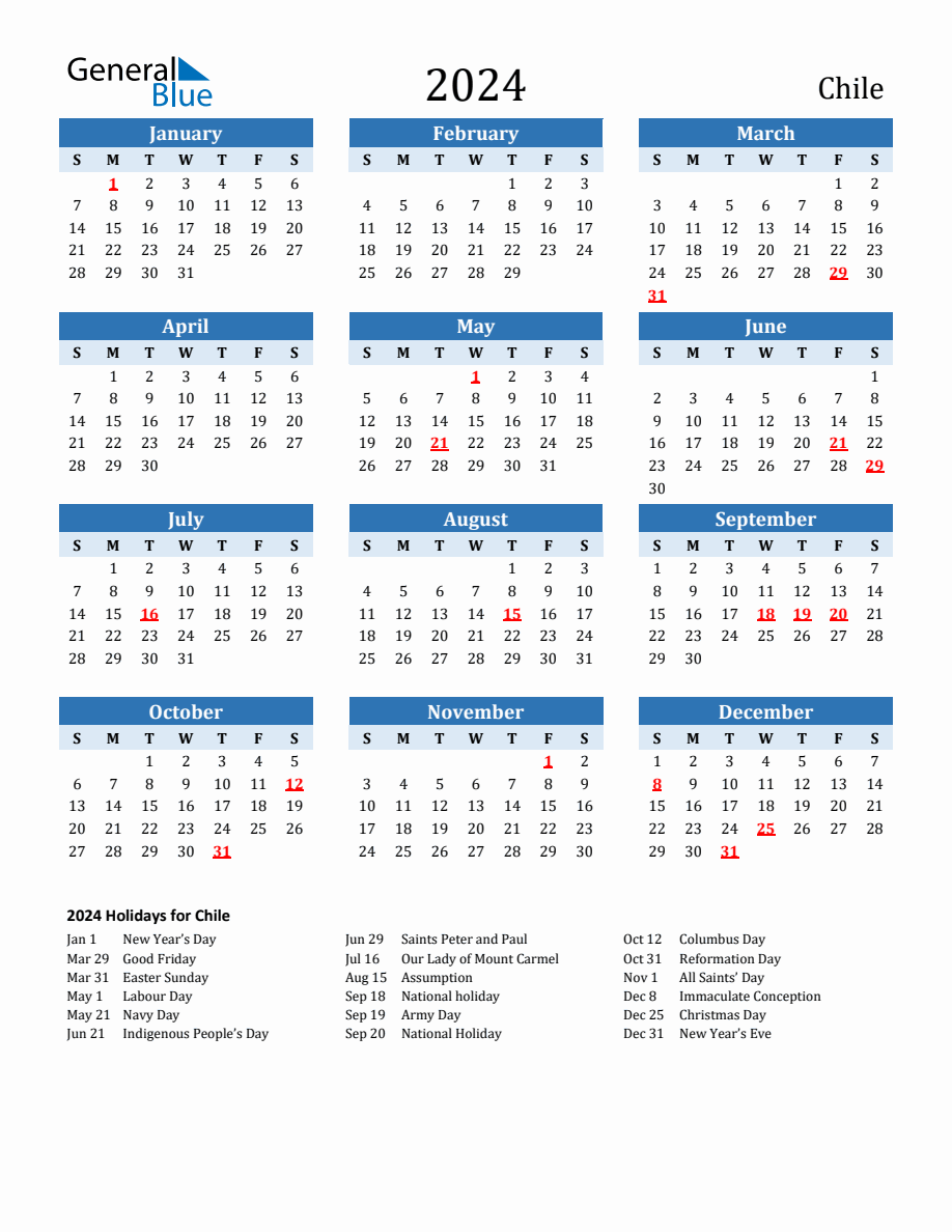 2024 Printable Calendar with Chile Holidays