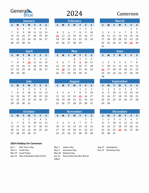 Printable Calendar 2024 with Cameroon Holidays (Sunday Start)