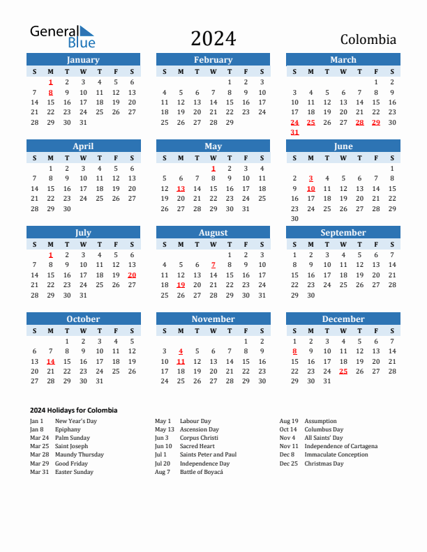 Printable Calendar 2024 with Colombia Holidays (Sunday Start)