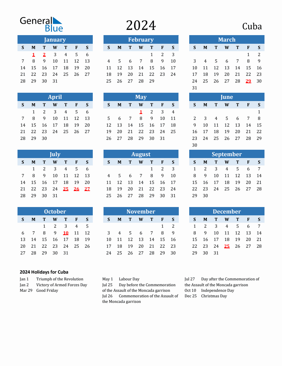 2024 Printable Calendar with Cuba Holidays